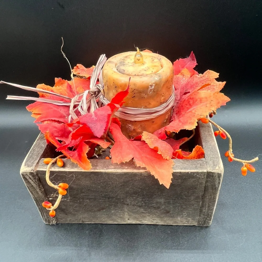 Rustic Fall Candle Centerpiece Wood Crate Maple Leaves‎ Rusty Star 6